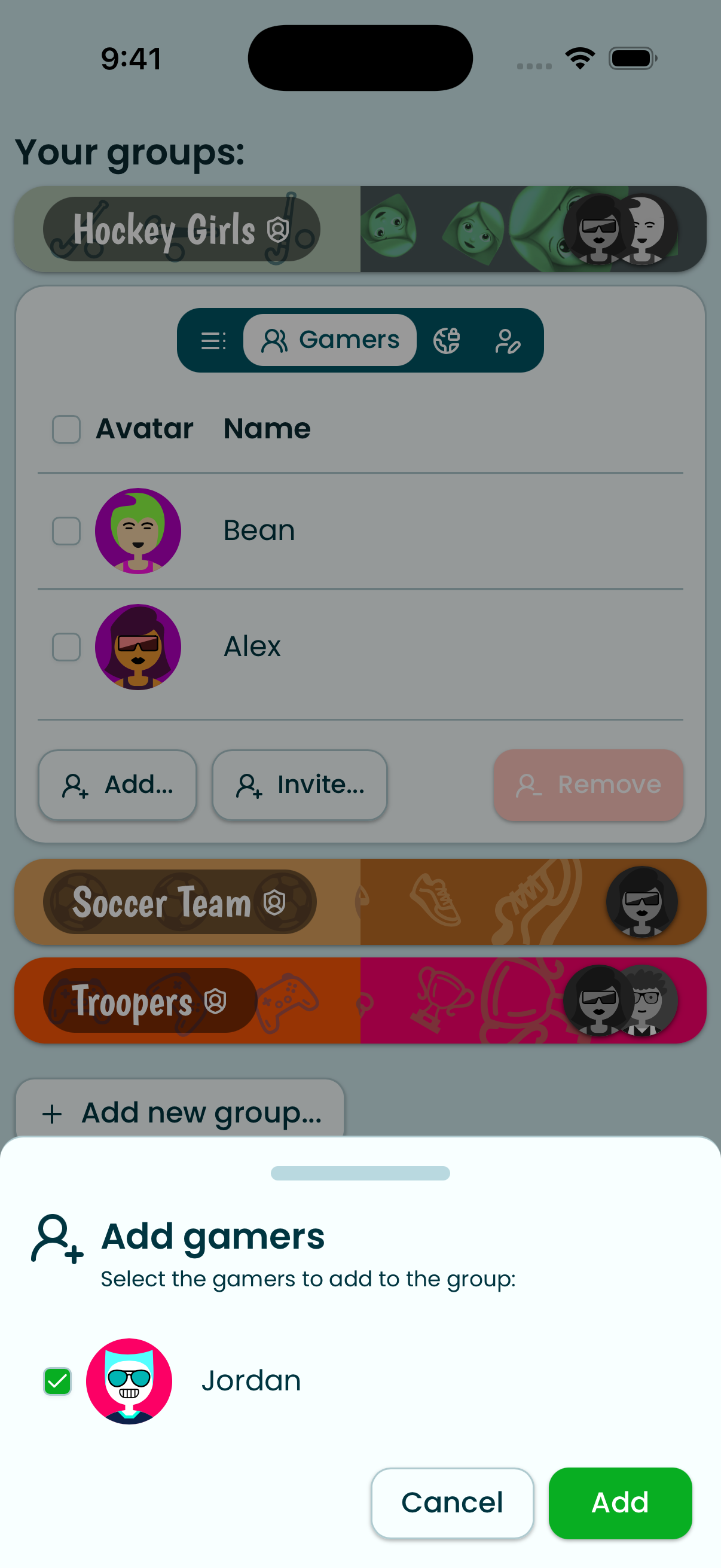 Trusted friend groups screen with Hockey Girls, Soccer Team, and Troopers
