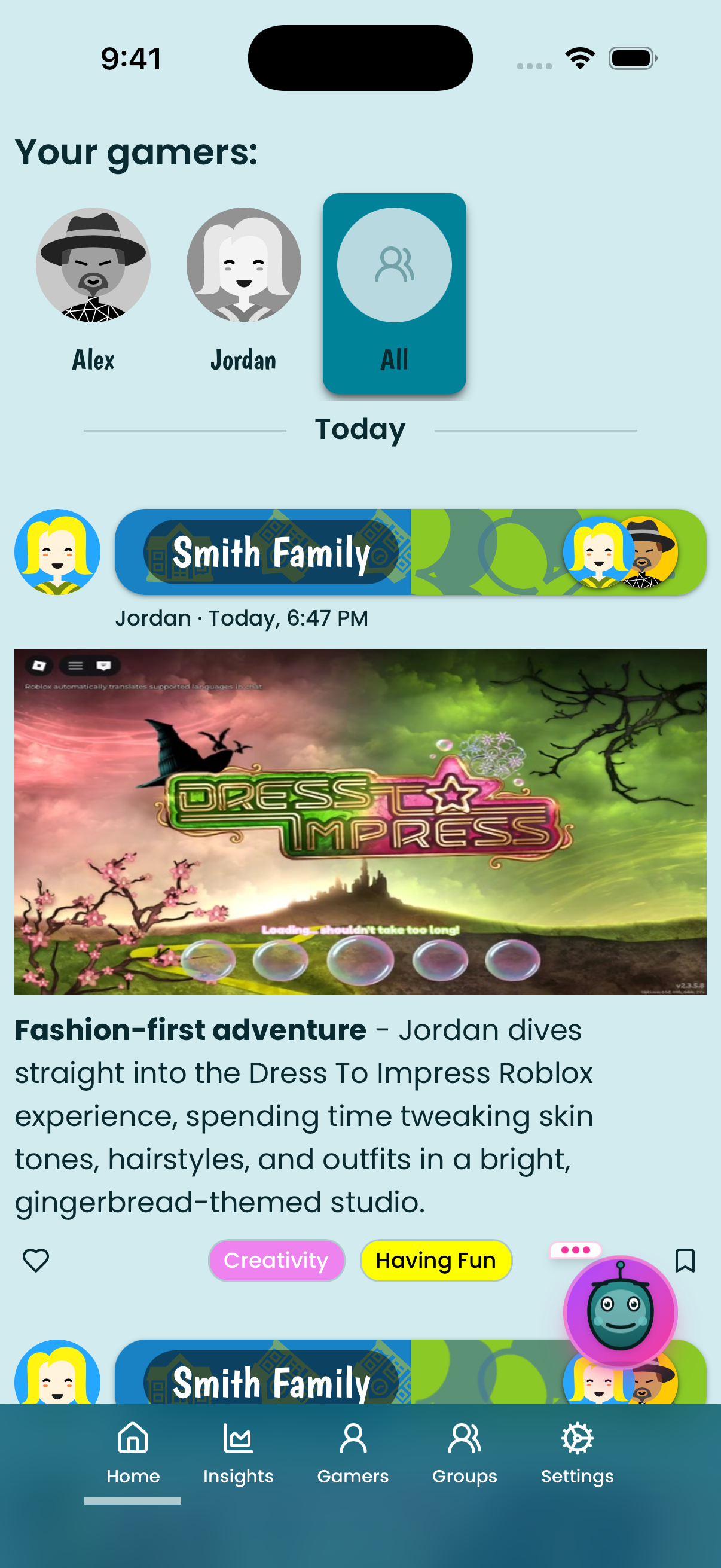 Family highlight feed with Roblox session moments and tags in the GuardianGamer app