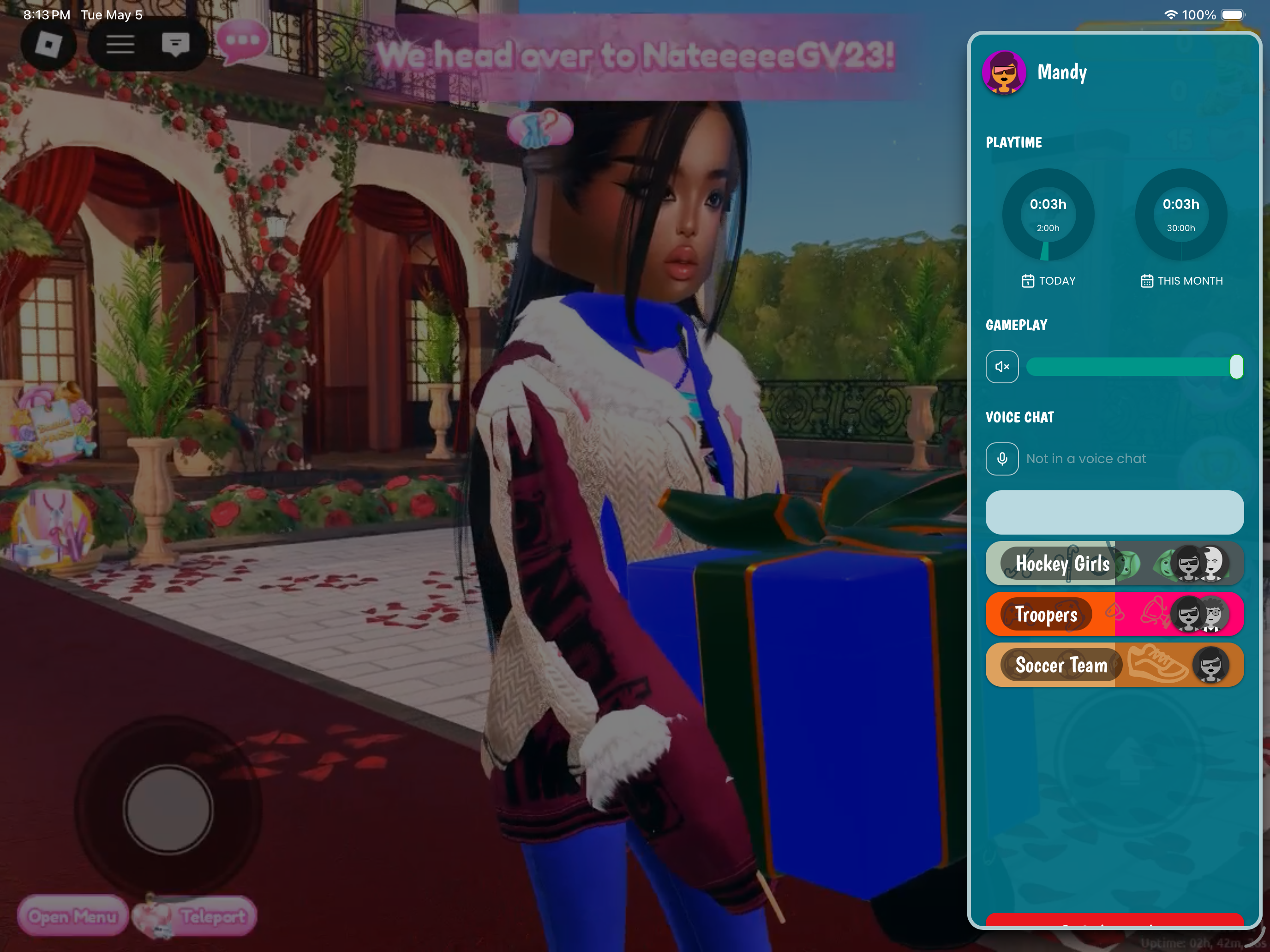 Kid in a Roblox fashion-show world with the GuardianGamer overlay showing playtime and trusted-friend groups