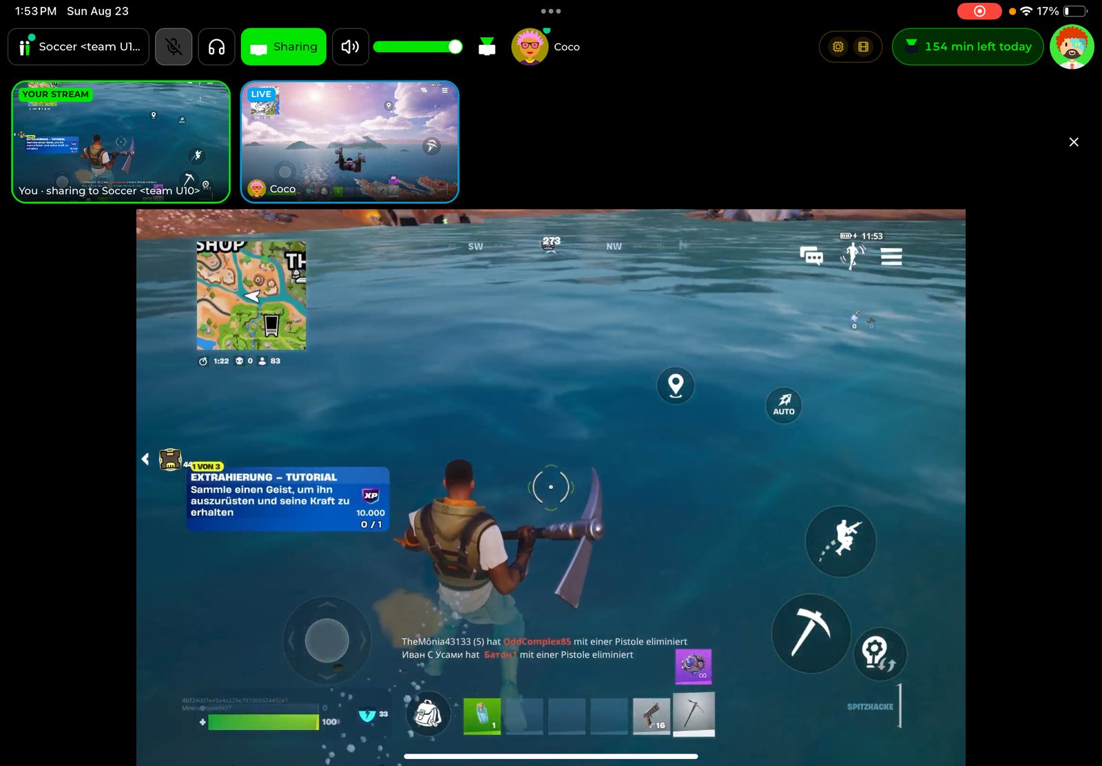 Watch a friend play: a friend's live stream running beside their own game, shared only to the Soccer team U10 group