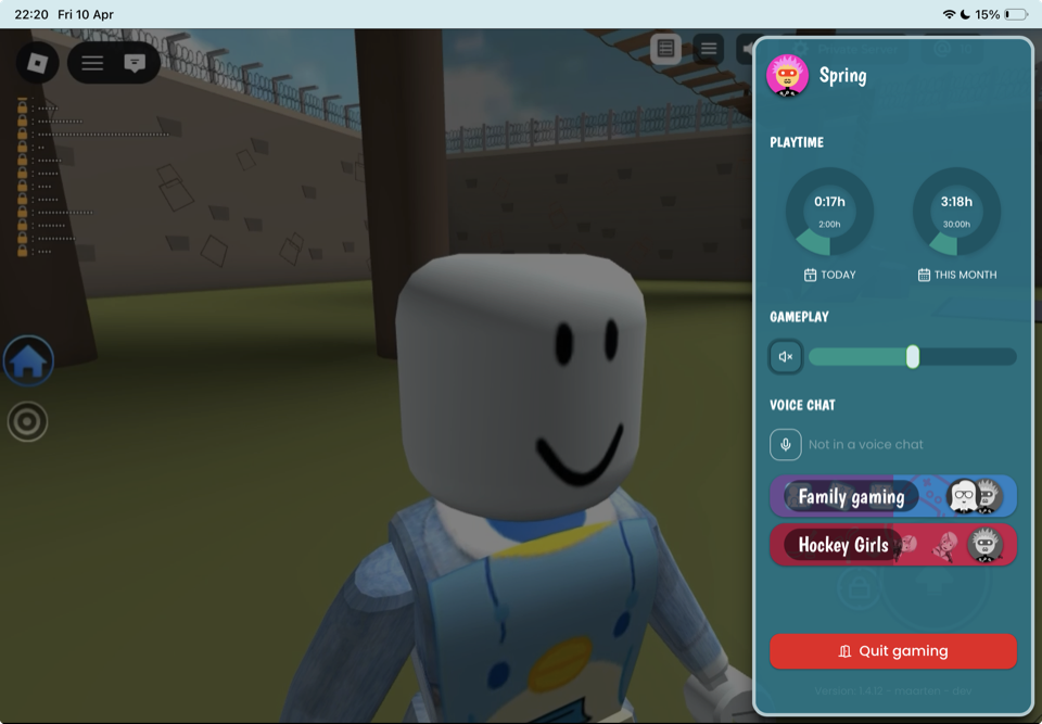In-game view with playtime and voice chat sidebar